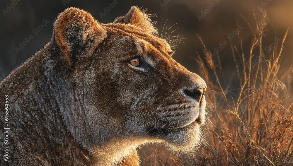 Naklejka premium Close-up of a lioness, profile view, golden light