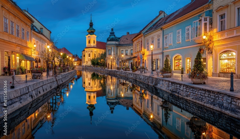 Obraz premium Evening canal city scene, colorful buildings reflected