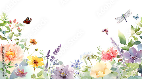 Watercolor floral border background with hand painted garden flowers and butterflies surrounding wide white copy space for invitations and cards