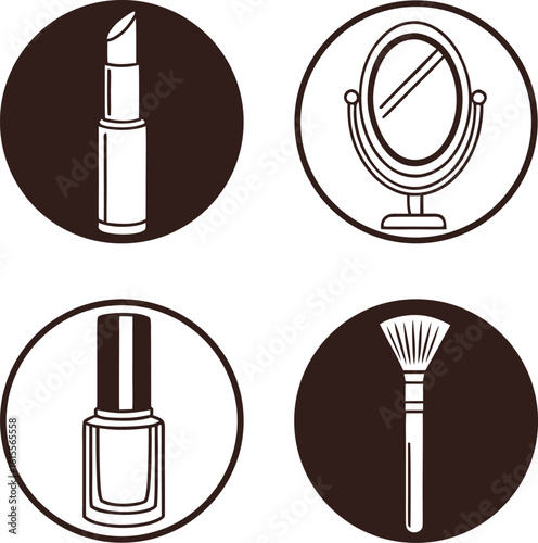 Four circular icons featuring makeup items lipstick mirror nail polish brush beauty cosmetics