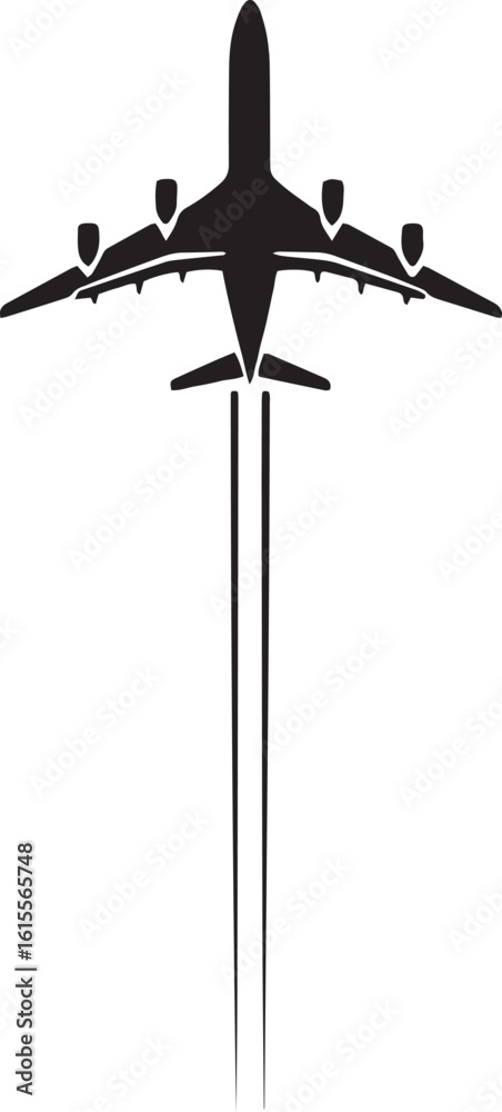 Overhead silhouette of an airplane ascending in flight with vapor trails Overhead silhouette of an airplane ascending in flight with vapor trails