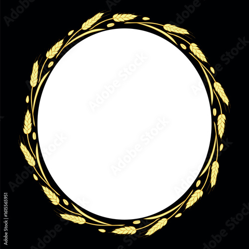 Round frame made of golden wheat or rye ears. Vector autumn wreath, border hand drawn in Doodle flat style, isolated on black background