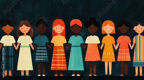 Racial equality in education concept. Diverse girls holding hands in a colorful illustration.