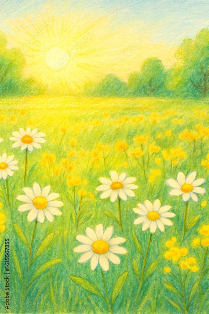 Fototapeta premium Colorful pencil drawing of daisies and small yellow flowers growing in a green field during a beautiful sunrise