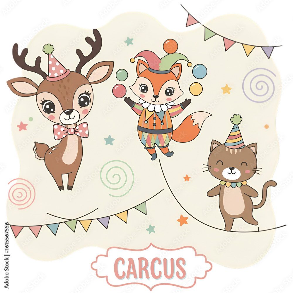 Naklejka premium Cute Circus Animal Cartoon Illustration In Whimsical Background