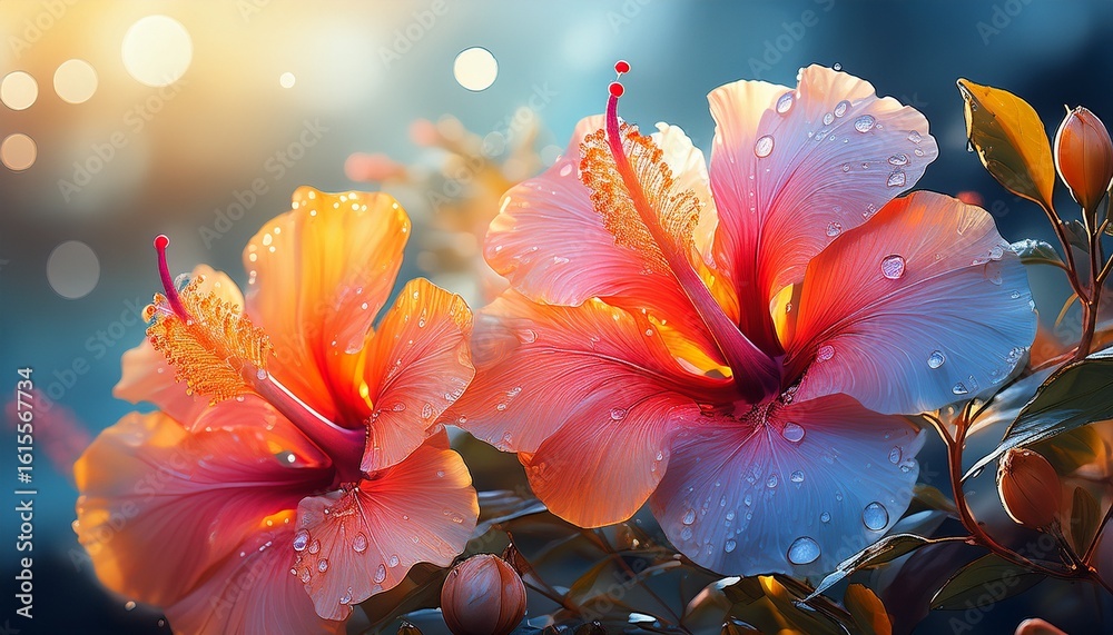 Fototapeta premium vibrant hibiscus flowers gleaming with morning dew revealing delicate petals against soft blurred background
