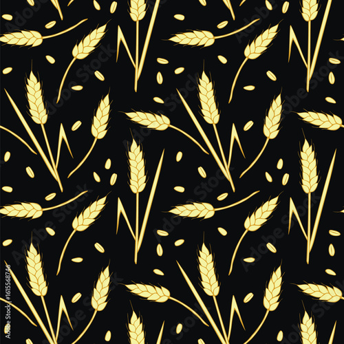 Wheat spikelets and grains, vector seamless pattern in flat style, isolated. Design of print, wrapping paper, packaging on theme of bakery products, flour, harvest, thanksgiving