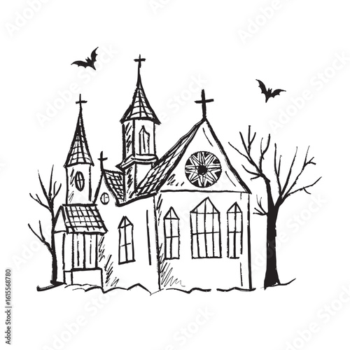 Vintage old church with horror silhouette trees and bats flying around in black brush stroke texture isolated on white. Hand drawn vector sketch illustration in vintage charcoal ink. Halloween