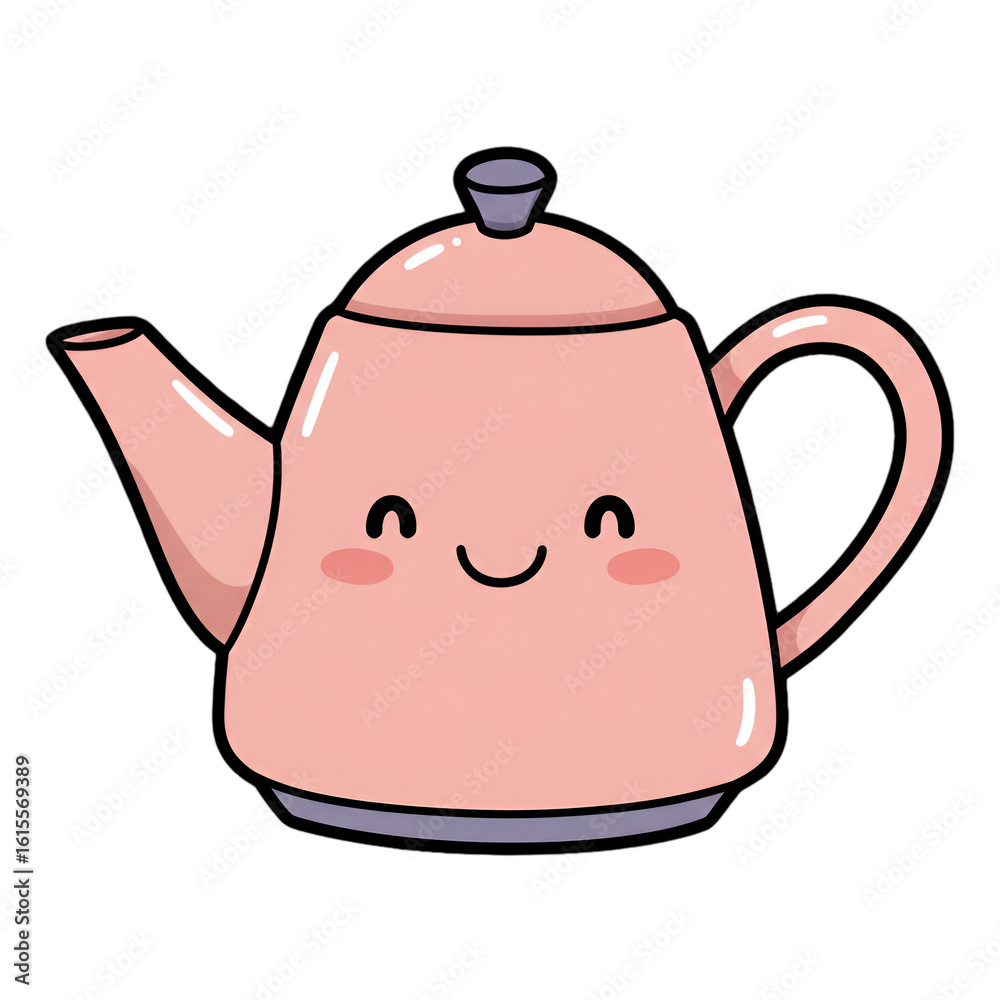 Obraz premium Cute Pink Teapot Cartoon Illustration With Smiling Face On Transparent Background