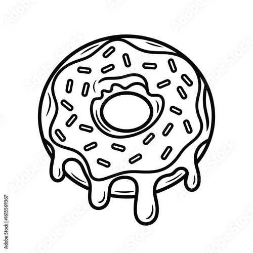 Black and white line drawing of a glazed donut with sprinkles