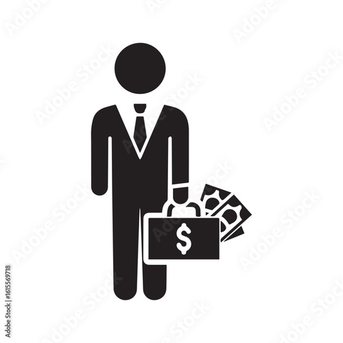 Businessman icon with a briefcase full of money, vector symbol for wealth, investment, and financial success