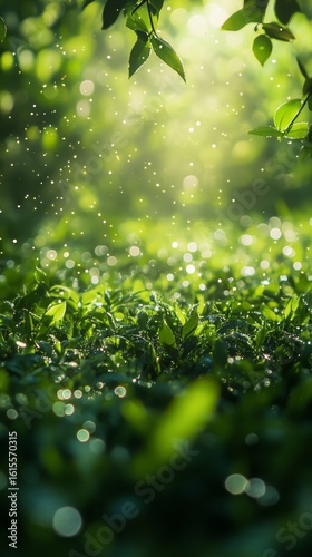 Sparkling Dew on Green Leaves in Sunlight, Low Angle View