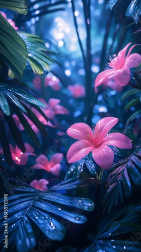Pink Flower Blossoms in Lush Blue Foliage Dreamy Tropical Scene