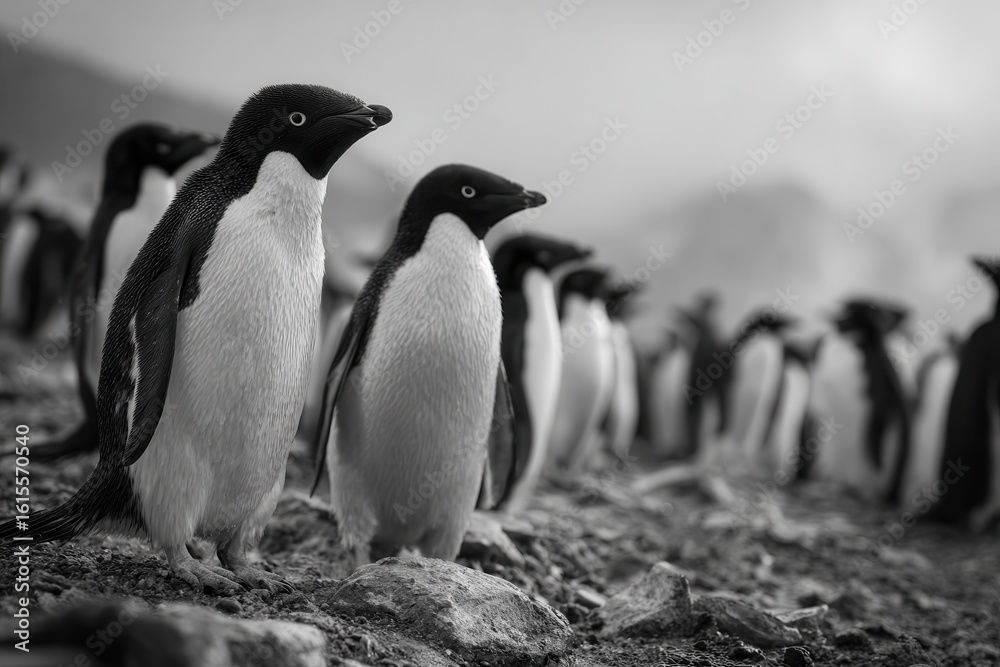 Obraz premium Antarctic colony of black and white Adelie penguins