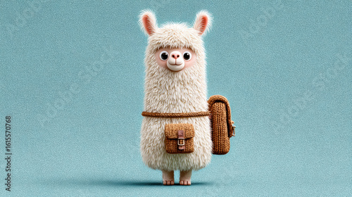 Fototapeta Naklejka Na Ścianę i Meble -  Cute alpaca cartoon, Adventurous cartoon alpaca with a small backpack, perfect for whimsical designs and fun illustrations.