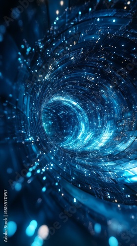 Abstract Digital Tunnel of Glowing Light Particles in Blue