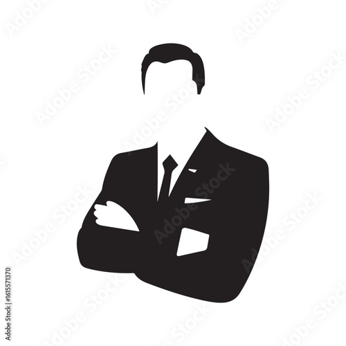Businessman silhouette with arms crossed, professional man in suit vector icon. Symbol of a confident boss, manager, or executive for a business profile