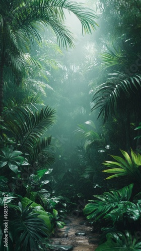 Walking Path Through Lush Tropical Rainforest Green Landscape