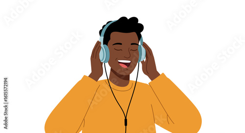 Happy people of all ages enjoy listening to music through headphones