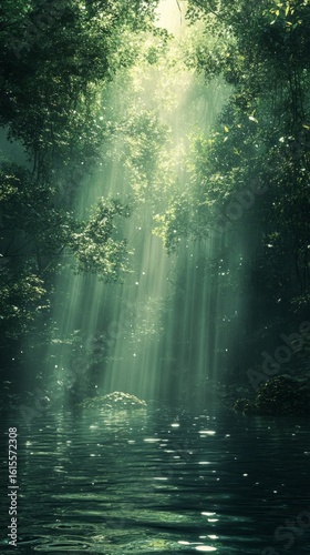 Sunlight Streaming Through Forest Trees Reflecting on Water Surface