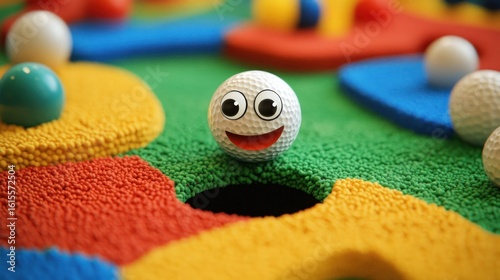 A miniature golf ball with a happy face, positioned in a hole on a colorful play mat