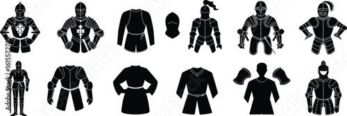 Comprehensive Collection of Medieval Knight Armor and Warrior Attire Silhouettes: Historical Garb and Protection for History, Fantasy, and Gaming Designs