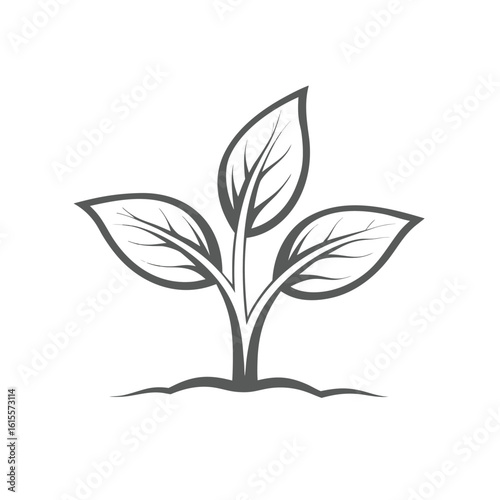 Simple gray outline of a three-leafed plant growing from soil sprout seedling