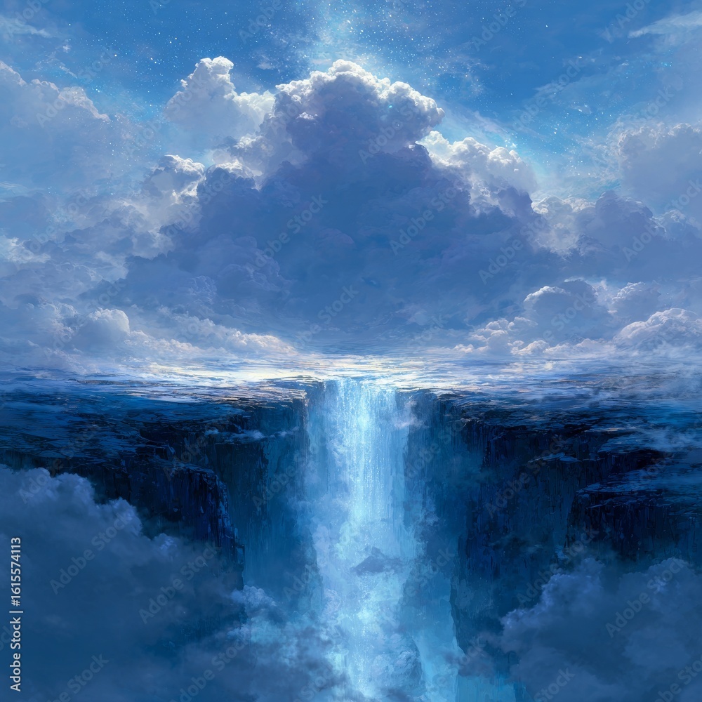 Fototapeta premium Majestic Waterfall Cascading Through Clouds Under Bright Sky
