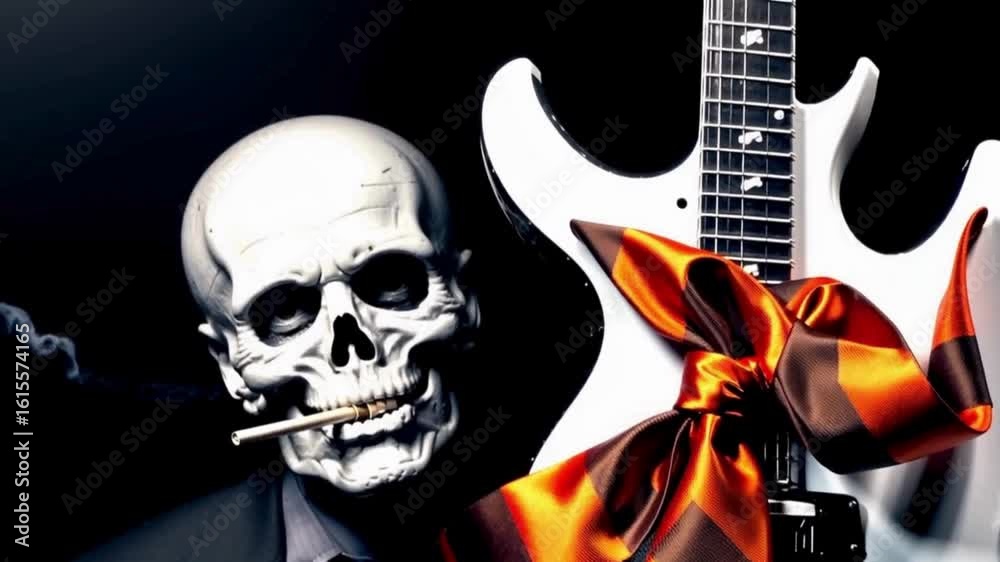 A skull rocking out with his guitar in a bold and edgy style.