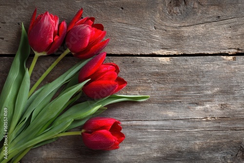 Botanical themes detailed view of red tulips on a wooden surface