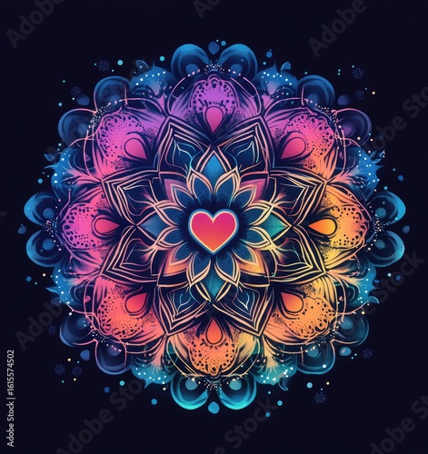 Vibrant mandala design with a heart in the center, featuring colorful intricate patterns and glowing effects on a dark background.