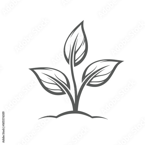 Stylized grey plant sprout with three leaves emerging from soil growth seedling