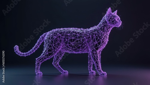 Purple wireframe rendering of a side view of a cat.