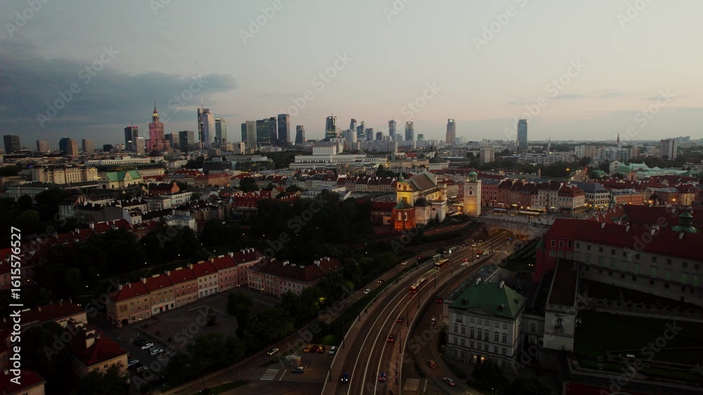 Obraz premium The historical center of Warsaw from bird's-eye view. Drone view of the old town