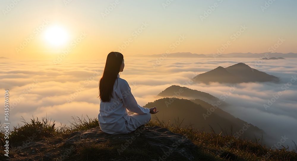 Woman meditating on a beach at sunset, a silhouette of freedom against the vast ocean landscape Woman meditating on a beach at sunset, a silhouette of freedom against the vast ocean landscape