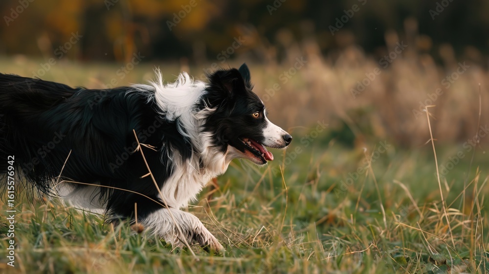Fototapeta premium A Border Collie in Profile, Fixated on Prey and Poised to Strike—Muscles Tensed, Eyes Focused, Capturing the Intensity of a Hunter Readied for Action in a Dynamic, Alert Stance