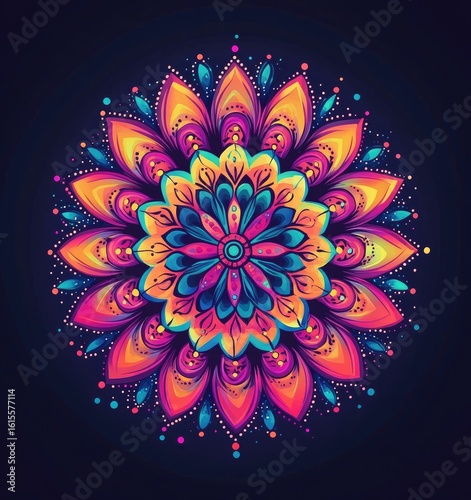 Vibrant colorful mandala design, intricate detailed pattern, spiritual symbol, geometric shapes, bright colors, flower of life.