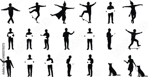Silhouette vector illustration of people standing, dancing, skateboarding, reading, pointing, holding paper, wearing costumes, walking dogs, human actions, character design, black shape icons set