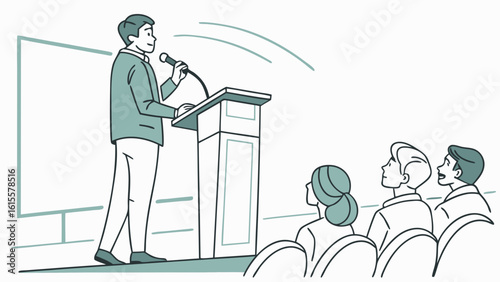 Businessman Giving Presentation at Podium Minimalist Line Art Illustration: Conference Speaker, Public Speaking, Seminar, Training