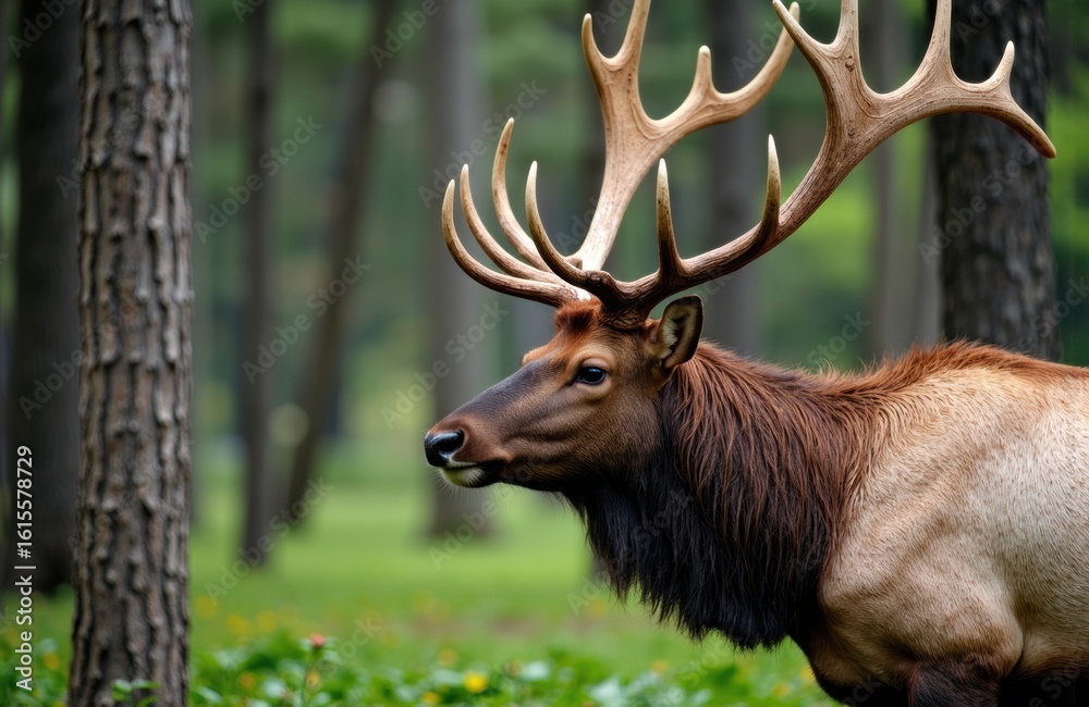 Obraz premium Majestic elk with large antlers standing in a lush forest setting