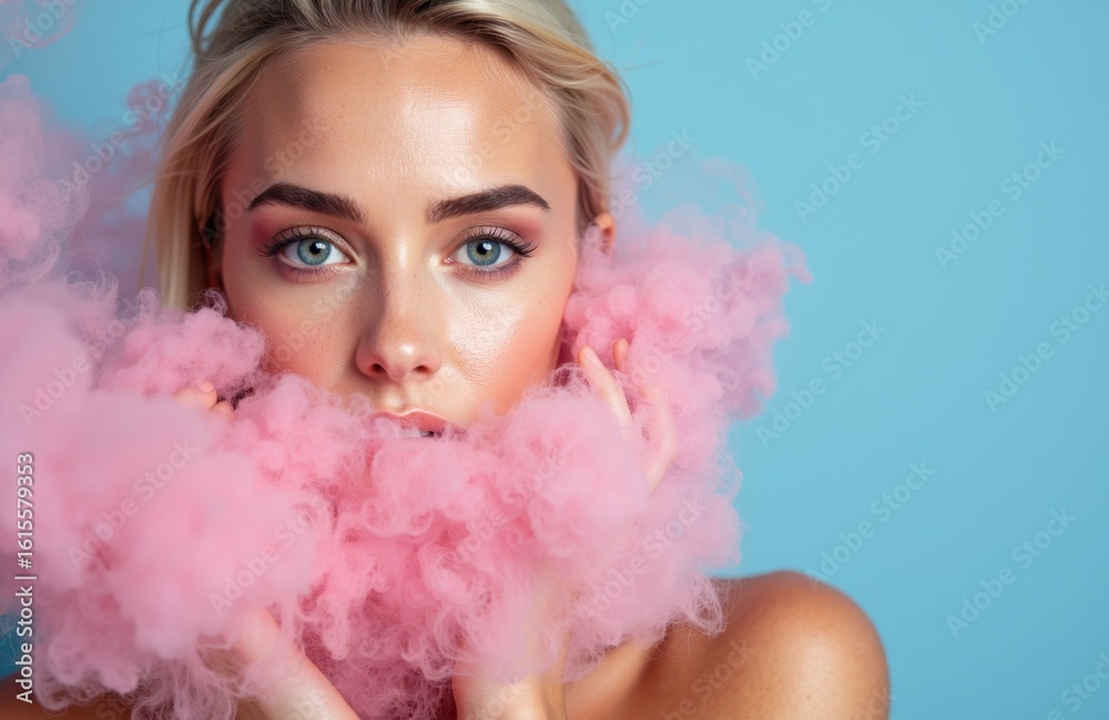 A woman with striking blue eyes and blonde hair holds pink smoke around her face against a blue background A woman with striking blue eyes and blonde hair holds pink smoke around her face against a blue background