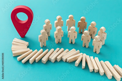 A red map pin points a path through a line of wooden blocks, with small wooden people gathered around