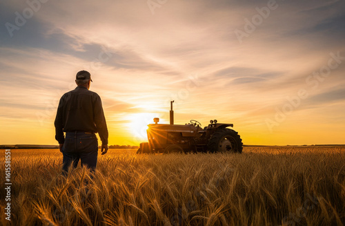 Trabajador moderno de campo con su tractor, en una plantación de trigo en el atardecer. Generated image
