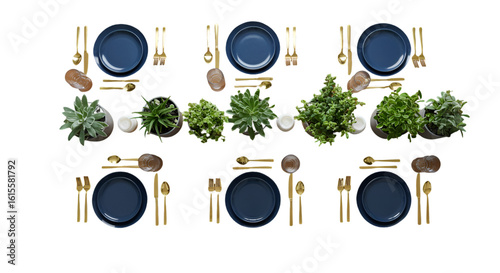 Elegant Top View Dinner Table Illustration With Gold and Blue Details