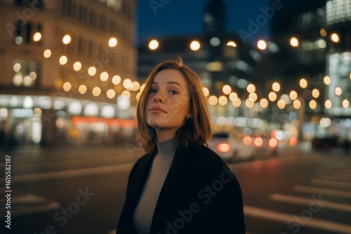 Woman standing on city street at night lights