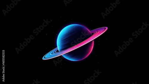 Cosmic ringed planet, vibrant colors, dark background