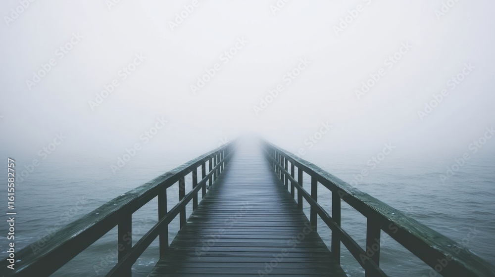 Obraz premium Foggy wooden pier extends into a vast, white expanse