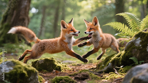 Playful Red Fox Kits in a Lush Forest Setting
