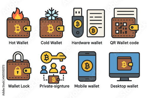 Set of cryptocurrency wallet icons in various styles