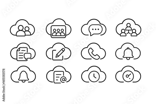 Set of 12 black and white line icons in cloud shape for communication and teamwork